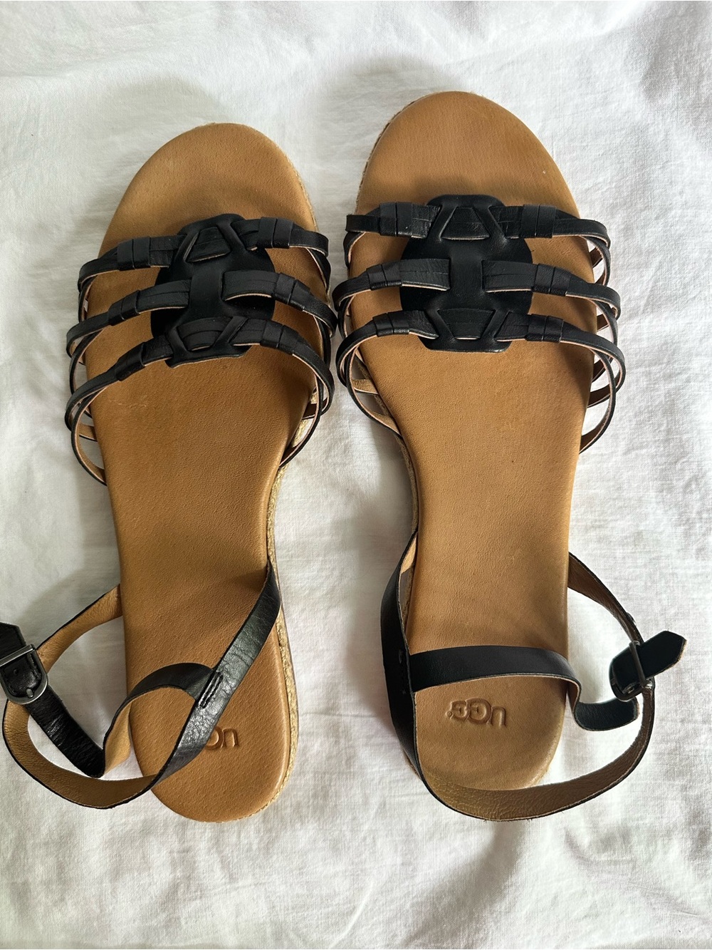 UGG Sandals Size 11 Black Leather Woven Espadrille Ankle Strap Boho